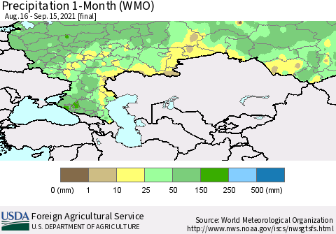 Russian Federation Precipitation 1-Month (WMO) Thematic Map For 8/16/2021 - 9/15/2021