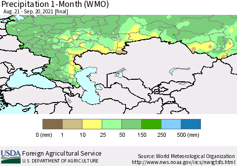 Russian Federation Precipitation 1-Month (WMO) Thematic Map For 8/21/2021 - 9/20/2021