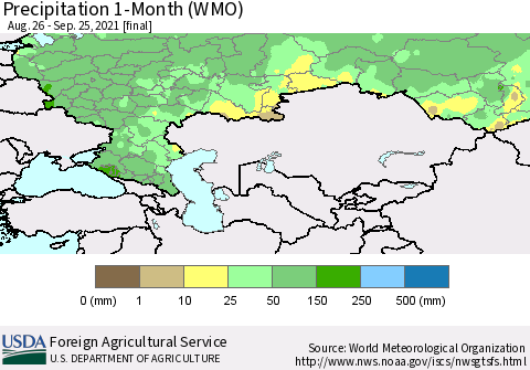 Russian Federation Precipitation 1-Month (WMO) Thematic Map For 8/26/2021 - 9/25/2021