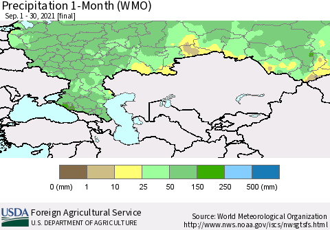 Russian Federation Precipitation 1-Month (WMO) Thematic Map For 9/1/2021 - 9/30/2021