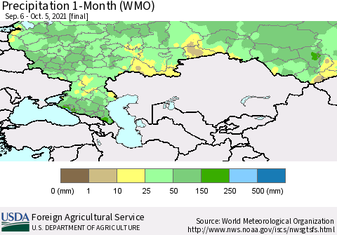Russian Federation Precipitation 1-Month (WMO) Thematic Map For 9/6/2021 - 10/5/2021