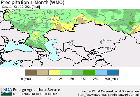 Russian Federation Precipitation 1-Month (WMO) Thematic Map For 9/11/2021 - 10/10/2021