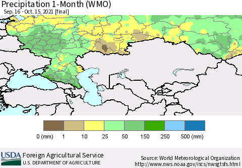Russian Federation Precipitation 1-Month (WMO) Thematic Map For 9/16/2021 - 10/15/2021