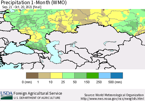 Russian Federation Precipitation 1-Month (WMO) Thematic Map For 9/21/2021 - 10/20/2021