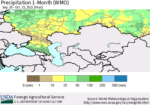 Russian Federation Precipitation 1-Month (WMO) Thematic Map For 9/26/2021 - 10/25/2021