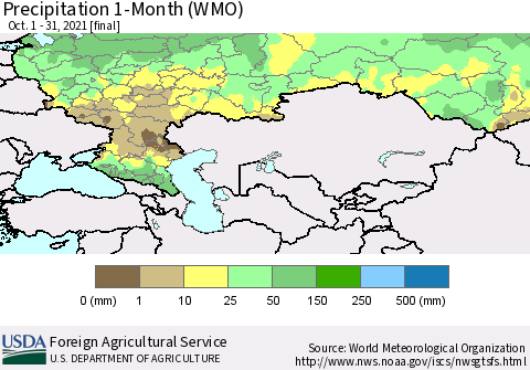 Russian Federation Precipitation 1-Month (WMO) Thematic Map For 10/1/2021 - 10/31/2021
