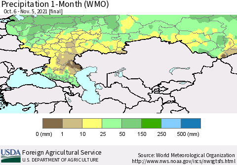 Russian Federation Precipitation 1-Month (WMO) Thematic Map For 10/6/2021 - 11/5/2021