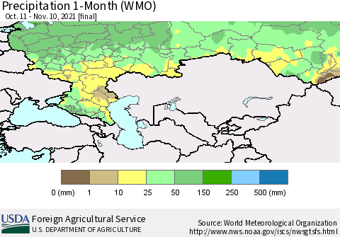 Russian Federation Precipitation 1-Month (WMO) Thematic Map For 10/11/2021 - 11/10/2021