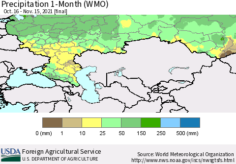 Russian Federation Precipitation 1-Month (WMO) Thematic Map For 10/16/2021 - 11/15/2021