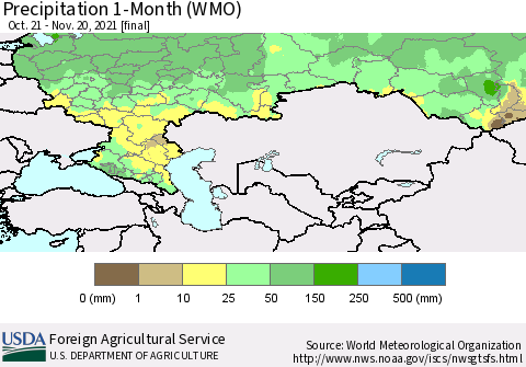 Russian Federation Precipitation 1-Month (WMO) Thematic Map For 10/21/2021 - 11/20/2021