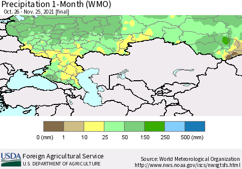 Russian Federation Precipitation 1-Month (WMO) Thematic Map For 10/26/2021 - 11/25/2021