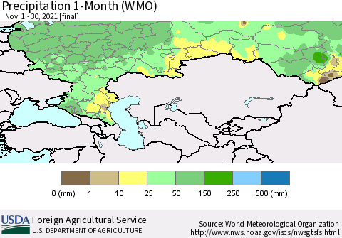 Russian Federation Precipitation 1-Month (WMO) Thematic Map For 11/1/2021 - 11/30/2021