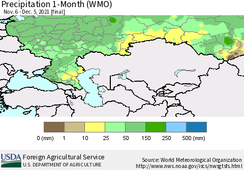 Russian Federation Precipitation 1-Month (WMO) Thematic Map For 11/6/2021 - 12/5/2021