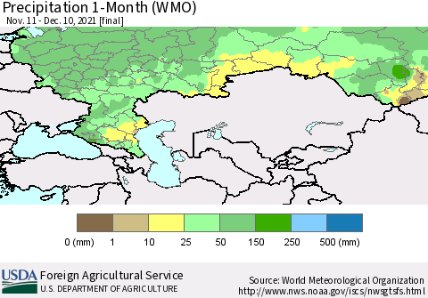 Russian Federation Precipitation 1-Month (WMO) Thematic Map For 11/11/2021 - 12/10/2021