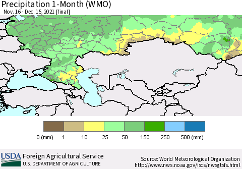 Russian Federation Precipitation 1-Month (WMO) Thematic Map For 11/16/2021 - 12/15/2021