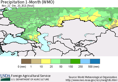 Russian Federation Precipitation 1-Month (WMO) Thematic Map For 11/21/2021 - 12/20/2021