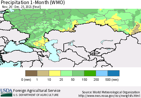 Russian Federation Precipitation 1-Month (WMO) Thematic Map For 11/26/2021 - 12/25/2021