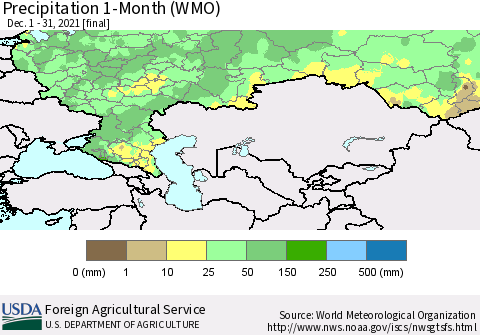 Russian Federation Precipitation 1-Month (WMO) Thematic Map For 12/1/2021 - 12/31/2021