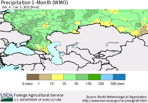 Russian Federation Precipitation 1-Month (WMO) Thematic Map For 12/6/2021 - 1/5/2022