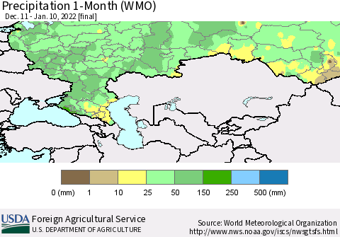 Russian Federation Precipitation 1-Month (WMO) Thematic Map For 12/11/2021 - 1/10/2022