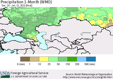 Russian Federation Precipitation 1-Month (WMO) Thematic Map For 12/16/2021 - 1/15/2022