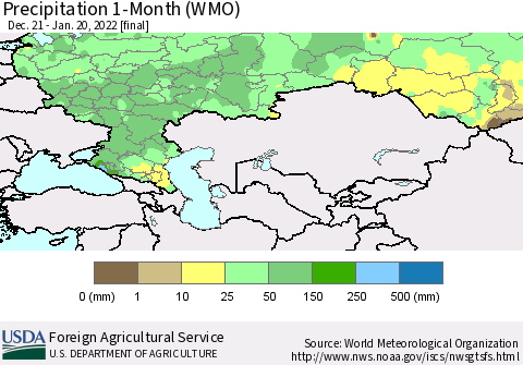 Russian Federation Precipitation 1-Month (WMO) Thematic Map For 12/21/2021 - 1/20/2022