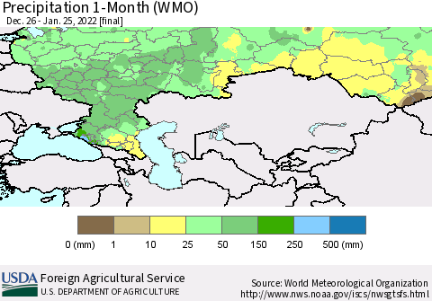 Russian Federation Precipitation 1-Month (WMO) Thematic Map For 12/26/2021 - 1/25/2022