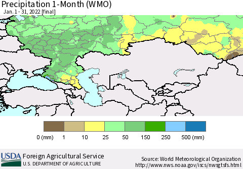Russian Federation Precipitation 1-Month (WMO) Thematic Map For 1/1/2022 - 1/31/2022