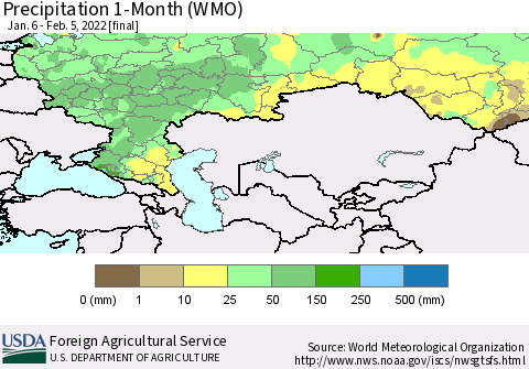 Russian Federation Precipitation 1-Month (WMO) Thematic Map For 1/6/2022 - 2/5/2022