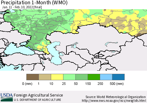 Russian Federation Precipitation 1-Month (WMO) Thematic Map For 1/11/2022 - 2/10/2022