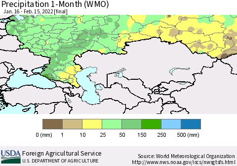 Russian Federation Precipitation 1-Month (WMO) Thematic Map For 1/16/2022 - 2/15/2022