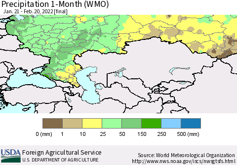 Russian Federation Precipitation 1-Month (WMO) Thematic Map For 1/21/2022 - 2/20/2022