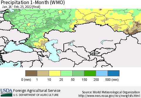Russian Federation Precipitation 1-Month (WMO) Thematic Map For 1/26/2022 - 2/25/2022