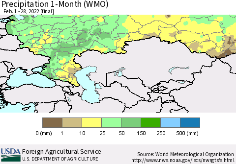 Russian Federation Precipitation 1-Month (WMO) Thematic Map For 2/1/2022 - 2/28/2022