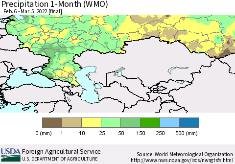 Russian Federation Precipitation 1-Month (WMO) Thematic Map For 2/6/2022 - 3/5/2022