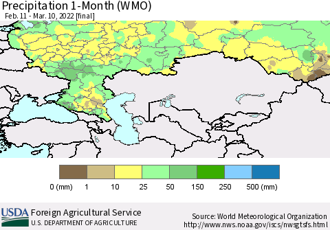 Russian Federation Precipitation 1-Month (WMO) Thematic Map For 2/11/2022 - 3/10/2022