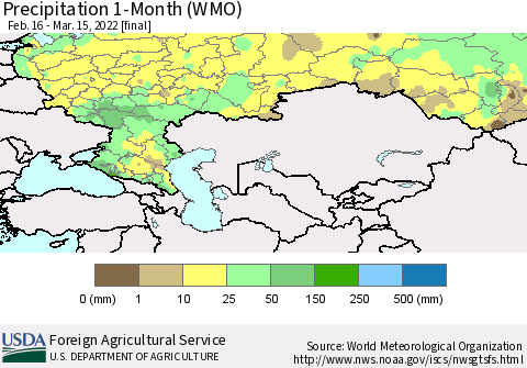 Russian Federation Precipitation 1-Month (WMO) Thematic Map For 2/16/2022 - 3/15/2022