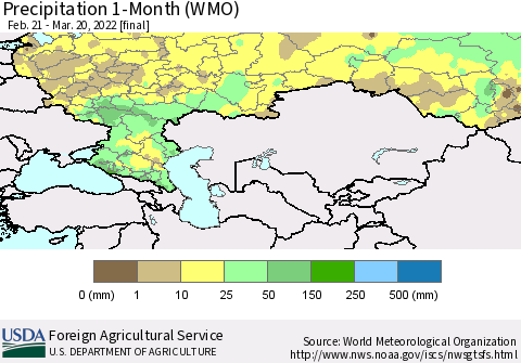 Russian Federation Precipitation 1-Month (WMO) Thematic Map For 2/21/2022 - 3/20/2022