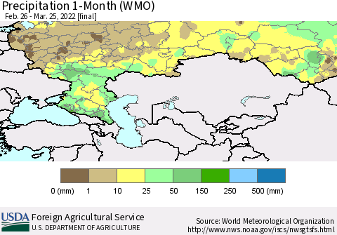 Russian Federation Precipitation 1-Month (WMO) Thematic Map For 2/26/2022 - 3/25/2022