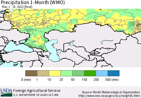 Russian Federation Precipitation 1-Month (WMO) Thematic Map For 3/1/2022 - 3/31/2022