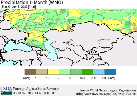 Russian Federation Precipitation 1-Month (WMO) Thematic Map For 3/6/2022 - 4/5/2022