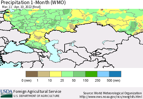 Russian Federation Precipitation 1-Month (WMO) Thematic Map For 3/11/2022 - 4/10/2022