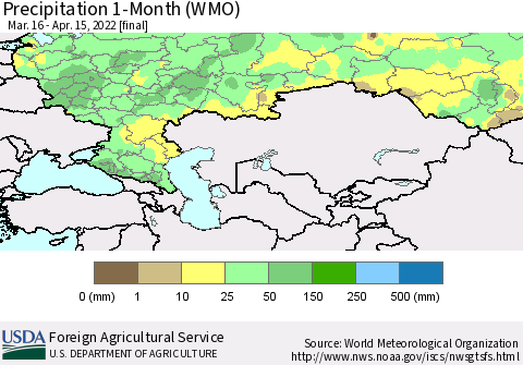 Russian Federation Precipitation 1-Month (WMO) Thematic Map For 3/16/2022 - 4/15/2022
