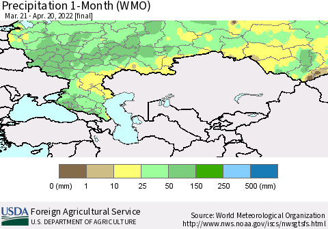 Russian Federation Precipitation 1-Month (WMO) Thematic Map For 3/21/2022 - 4/20/2022