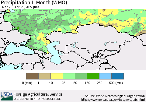 Russian Federation Precipitation 1-Month (WMO) Thematic Map For 3/26/2022 - 4/25/2022