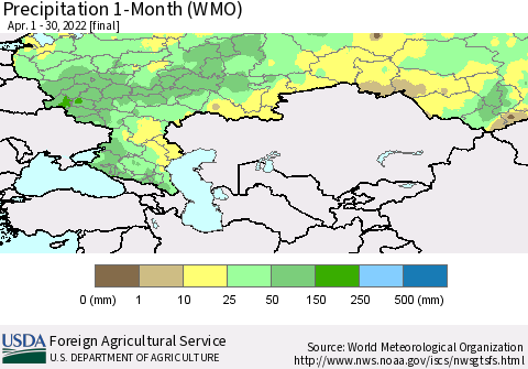 Russian Federation Precipitation 1-Month (WMO) Thematic Map For 4/1/2022 - 4/30/2022