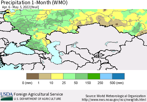 Russian Federation Precipitation 1-Month (WMO) Thematic Map For 4/6/2022 - 5/5/2022