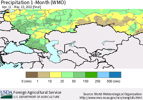 Russian Federation Precipitation 1-Month (WMO) Thematic Map For 4/11/2022 - 5/10/2022