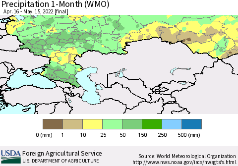 Russian Federation Precipitation 1-Month (WMO) Thematic Map For 4/16/2022 - 5/15/2022