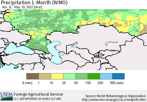 Russian Federation Precipitation 1-Month (WMO) Thematic Map For 4/21/2022 - 5/20/2022